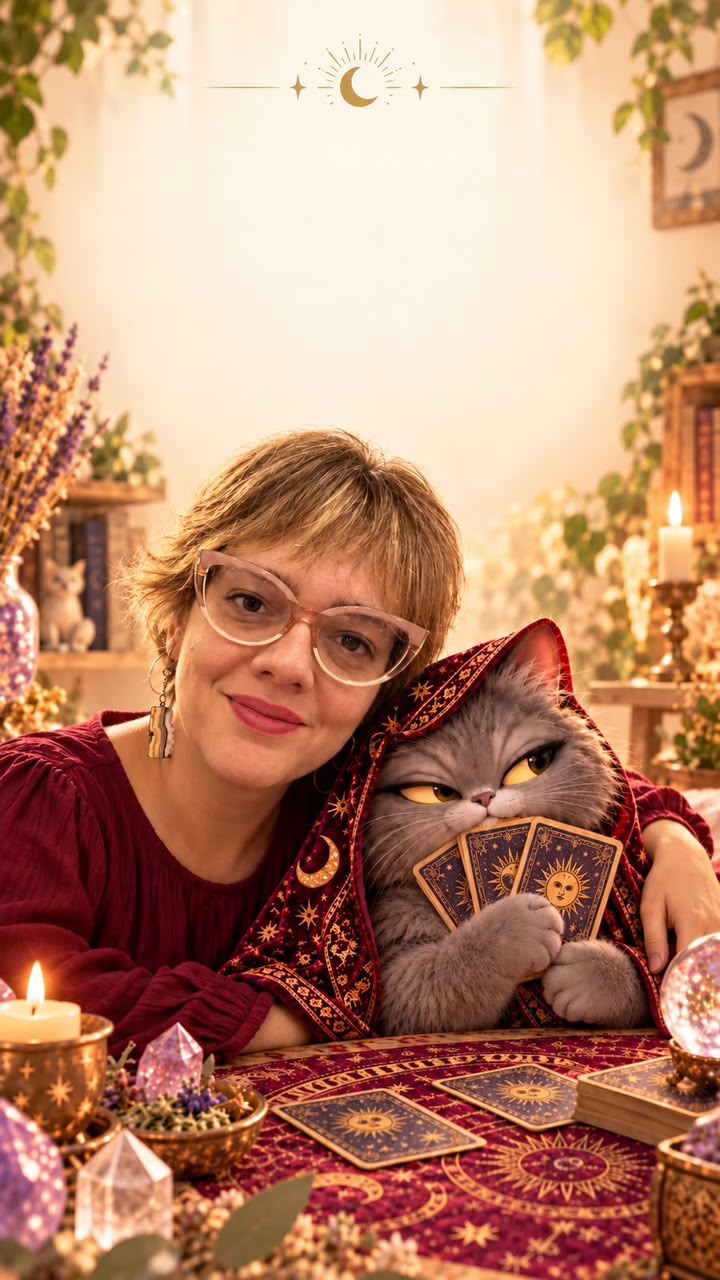 Fernanda abraçada à Missy, a gata do Balaio, que segura cartas de tarô