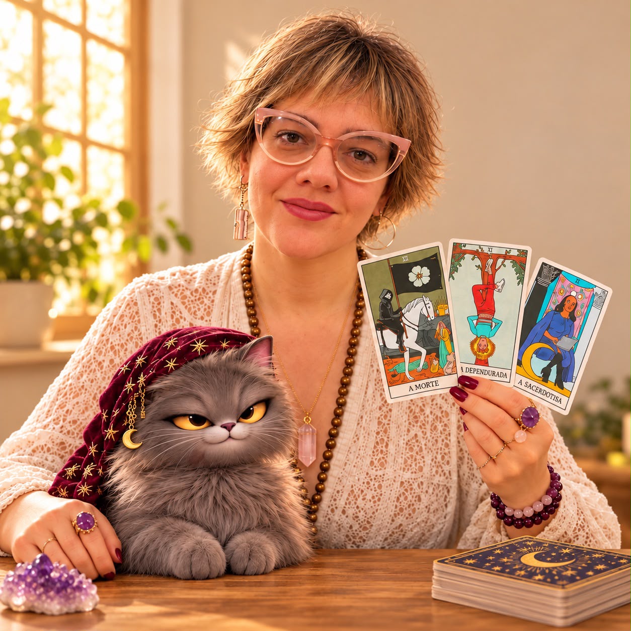 Fernanda segurando as cartas A Morte, O Dependurado e A Sacerdotisa, ao lado da gata Missy com chapéu de bruxa