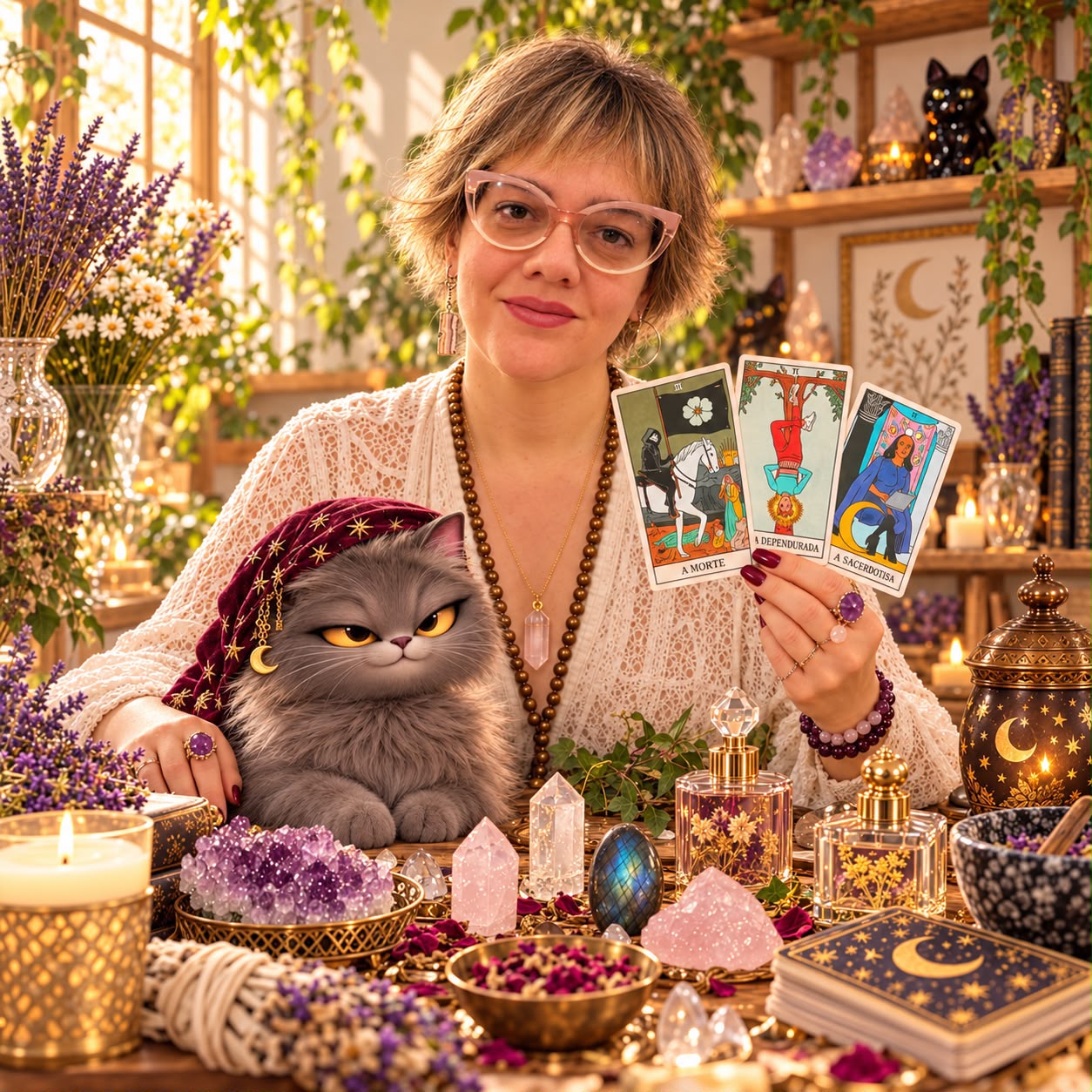 Fernanda Gonçalves segurando cartas de tarô ao lado da Missy, a gata com véu místico