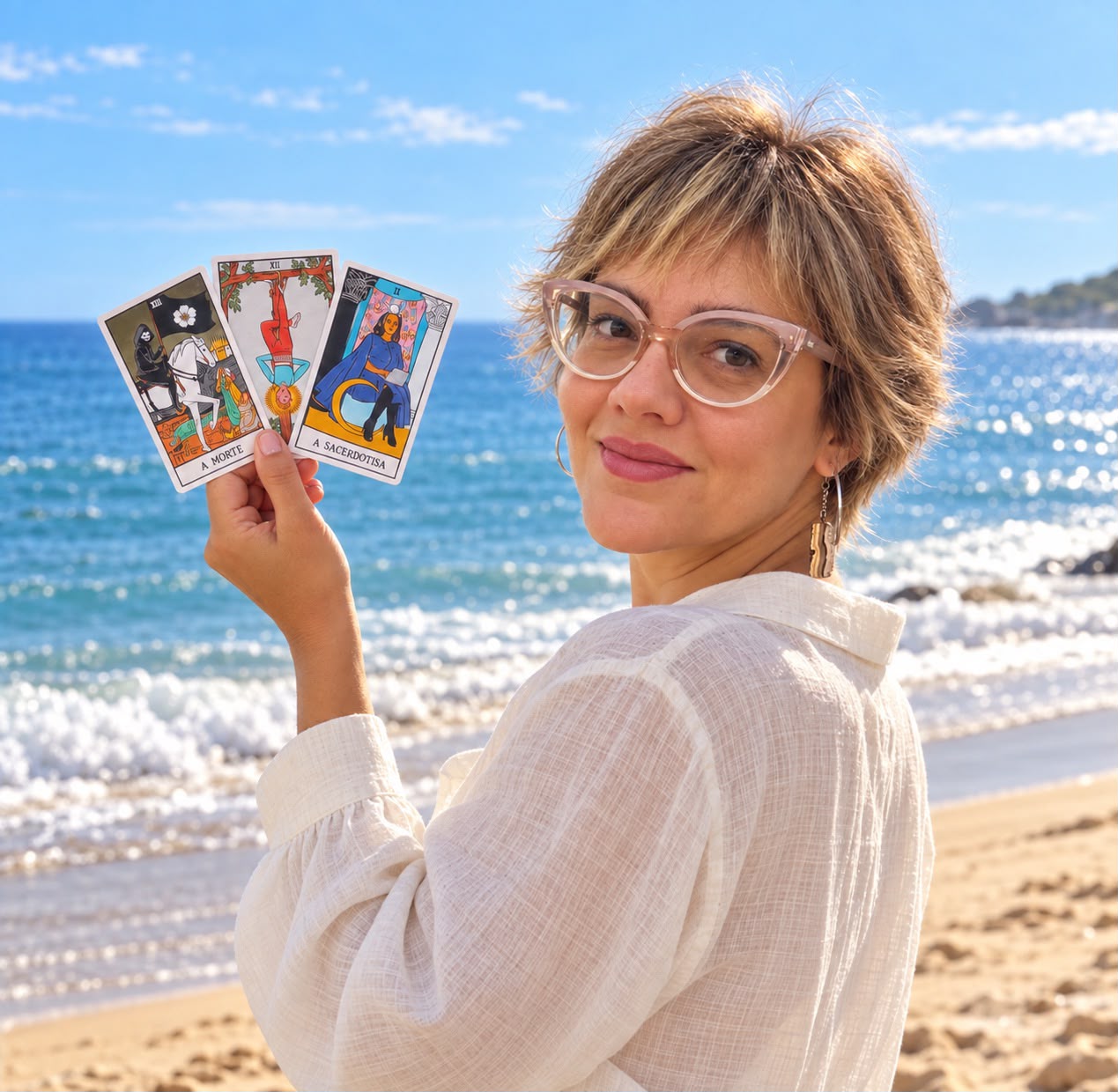 Fernanda Gonçalves segurando três cartas de tarot diante do mar